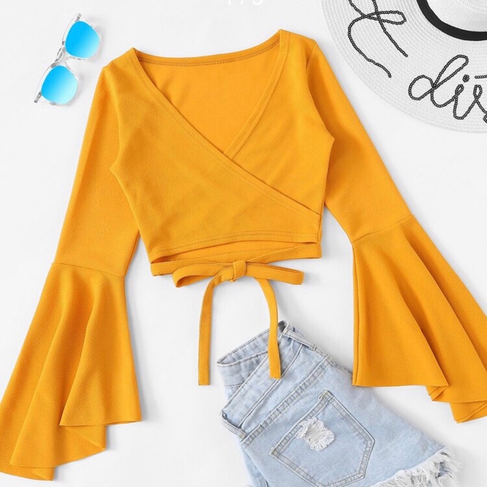 Wraparound Bell-Sleeved Self-Tie Crop Top
